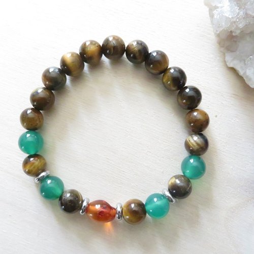 Bracelet courage - œil de tigre, agate verte, ambre de la baltique