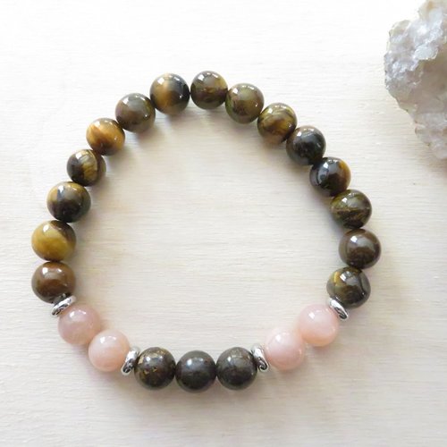 Bracelet anxiété, confiance en la vie - œil de tigre, pierre de soleil, bois fossilisé