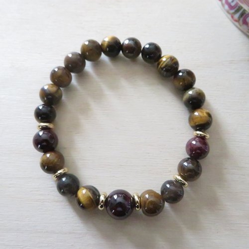 Bracelet stabilité - œil de tigre, grenat almandin, quartz fumé