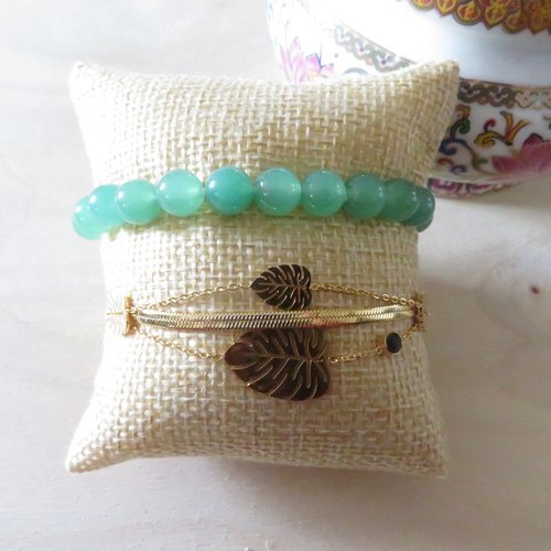 Bracelet en aventurine verte et bracelet feuilles en acier inoxydable or