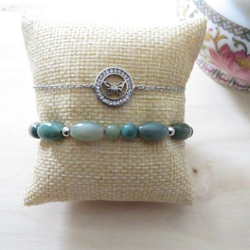 Bracelet agate indienne et bracelet papillon en acier inoxydable