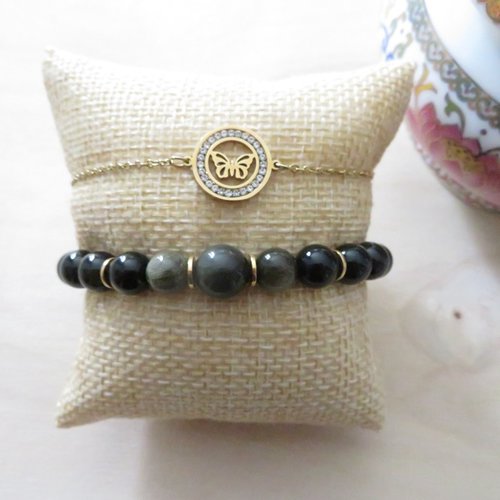 Bracelet obsidienne dorée et bracelet papillon en acier inoxydable
