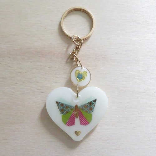 Porte-clés ou bijou de sac cœur blanc avec papillon origami - cadeau pour femme, cadeau pour fille