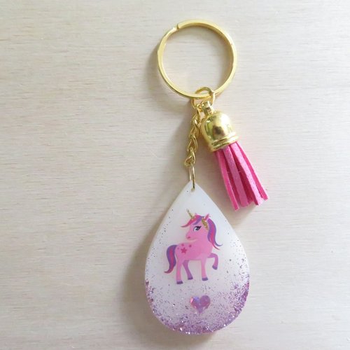 Porte-clés ou bijou de sac goutte blanc et paillettes rose avec licorne - cadeau pour fille