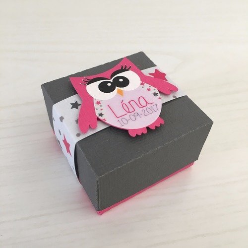 Boite à dragées mini cube bicolore - baptême communion anniversaire - étiquette hibou chouette personnalisée 