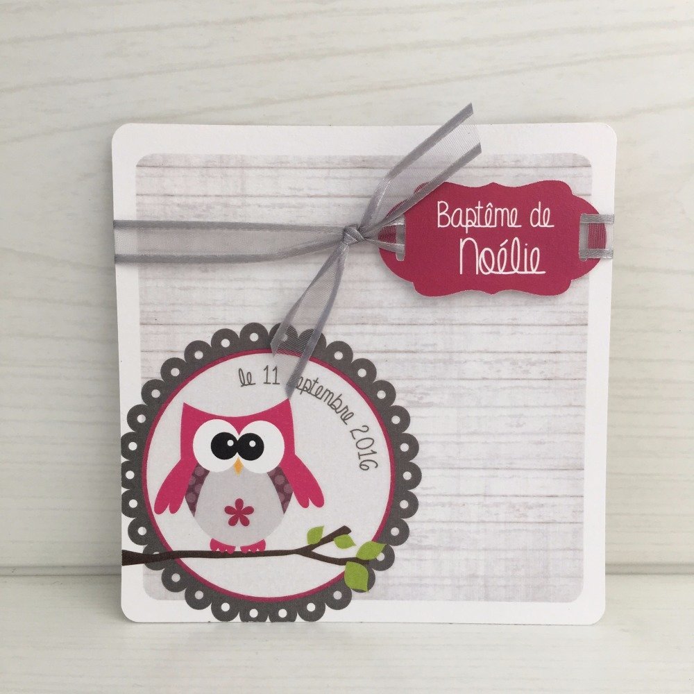 Invitation Bapteme Communion Anniversaire Fille Faire Part Naissance Carree Recto Verso Theme Hibou Chouette Un Grand Marche