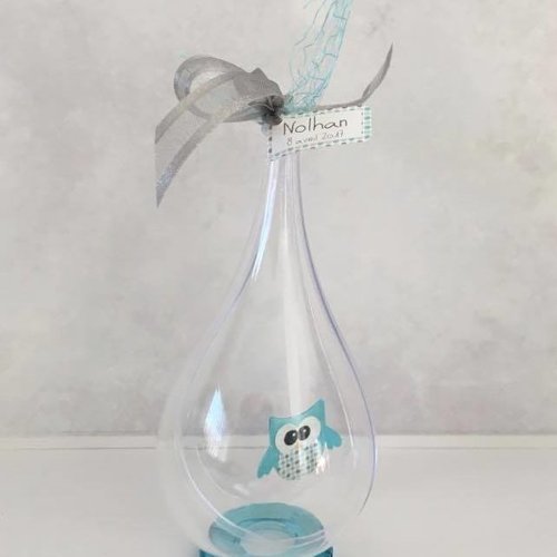 Goutte transparente - boite à dragées baptême communion anniversaire fille - thème décoration hibou chouette