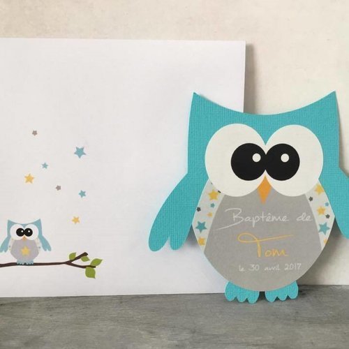 Invitation Bapteme Communion Anniversaire Faire Part Naissance Forme Hibou Theme Hibou Bleu Jaune Gris Un Grand Marche
