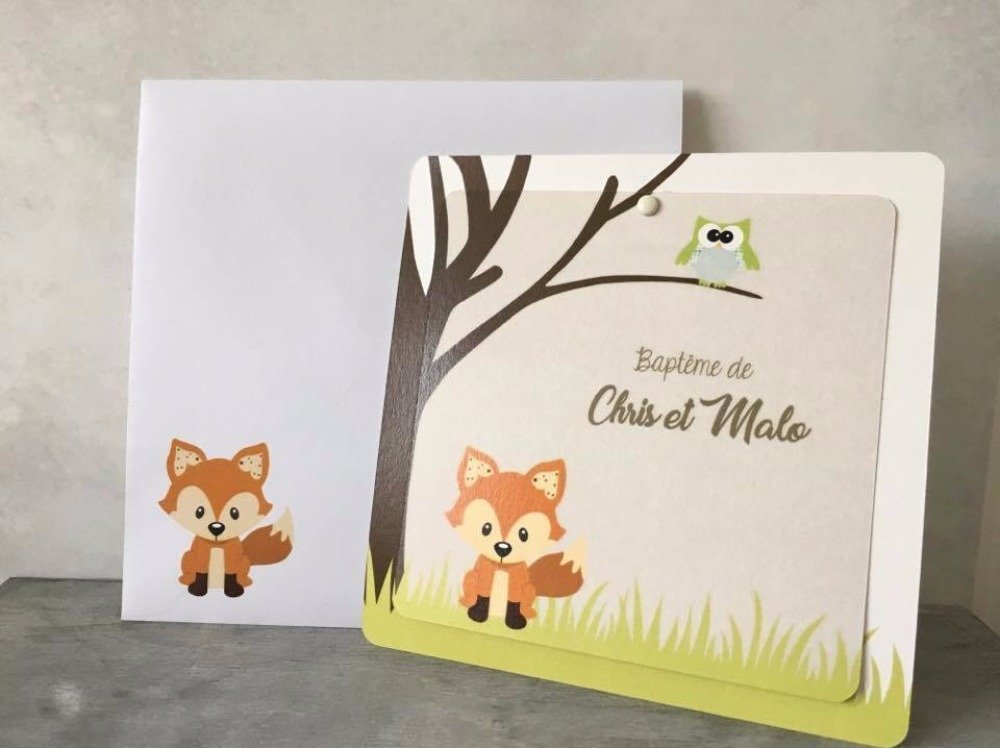 Invitation Bapteme Communion Anniversaire Renard 2 Carres Theme Animaux De La Foret Un Grand Marche