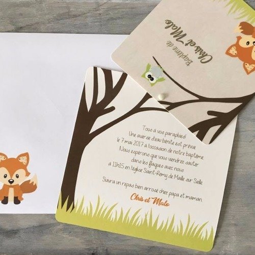 Invitation Bapteme Communion Anniversaire Renard 2 Carres Theme Animaux De La Foret Un Grand Marche