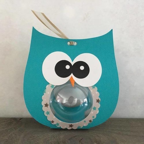 Hibou bleu menthol boule transparente collerette à motif étoile menthol et gris taupe