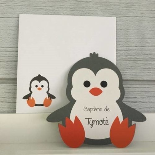 Invitation Pingouin Gris Taupe Et Orange Bapteme Communion Anniversaire Un Grand Marche
