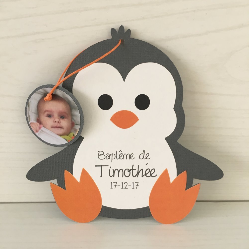 Invitation Pingouin Gris Taupe Et Orange Photo Bapteme Communion Anniversaire Un Grand Marche