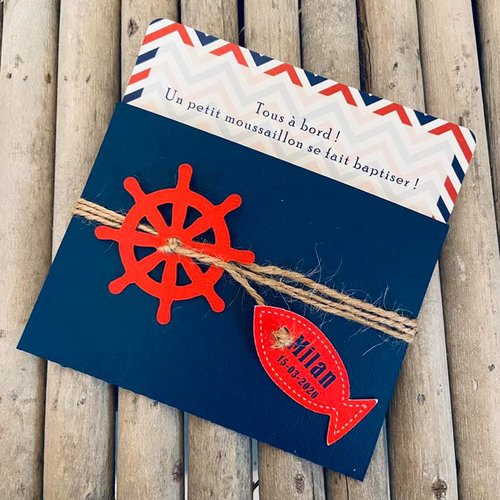 10 faire-part - invitation - pochette thème marin - nautique - ancre - gouvernail