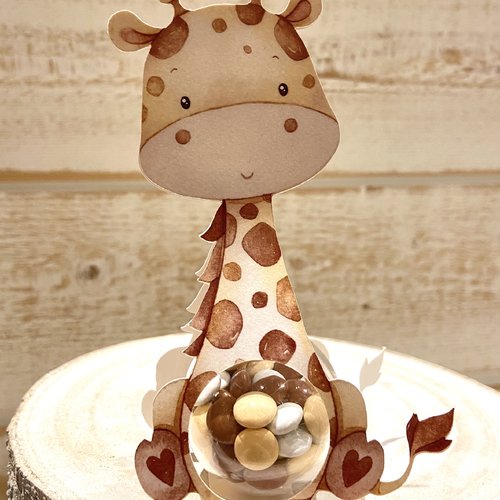 Boite à dragées girafe + boule transparente - animaux de la jungle - baptême anniversaire communion personnalisé