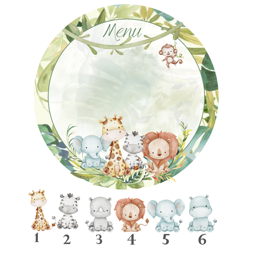 Menu thème animaux de la jungle - menu vierge - décoration de table baptême communion anniversaire
