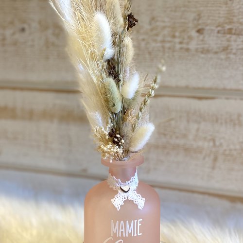 Montage de fleurs séchées + vase rose poudré / texte personnalisable blanc
