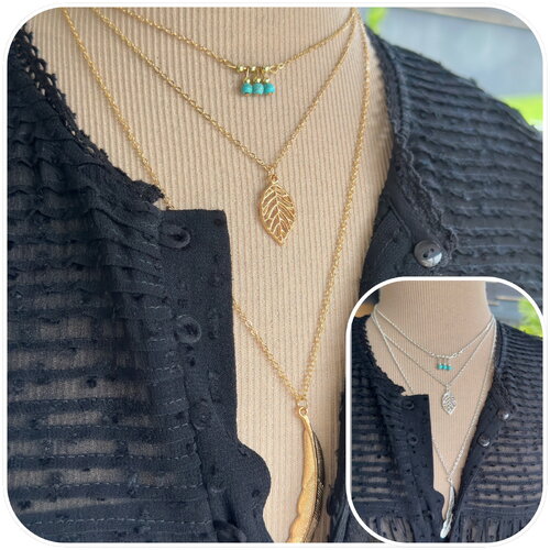 Sautoir 3 rangs pendentif perles turquoise, feuille et plume, collier multi-chaîne hippie, collier bohème plus sur ateliersdisa