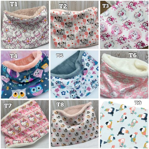 Snood fille motifs licorne, snood enfant disney minnie, cache cou fille aristochats, snood motifs chouette hiboux - ateliersdisa