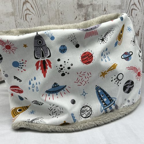 Snood garçon polaire motifs fusée, cache cou enfant motifs fusée , écharpe tube garçon polaire  - collection ateliersdisa