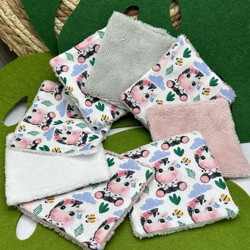 Lingettes lavables pour soins bébé  lot de 8 motifs zèbre fille en éponge bambou, coton ou polaire - ateliersdisa