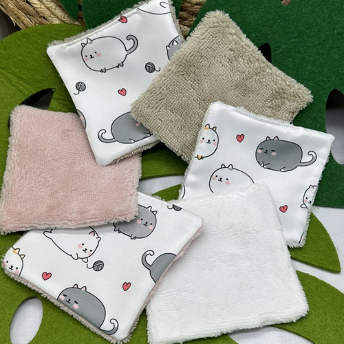 Lingettes lavables soins bébé lot de 8 tissus satin motifs chaton en éponge bambou, coton ou polaire - ateliersdisa