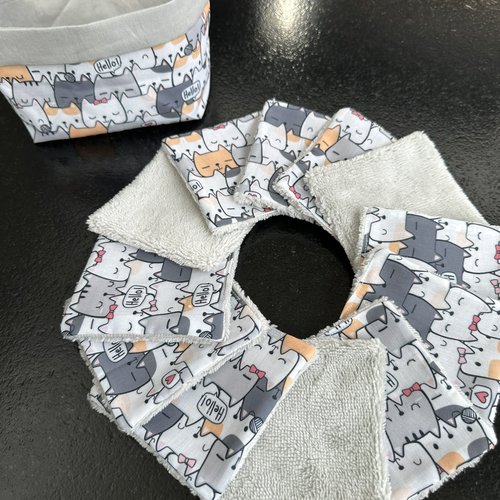Lingettes lavables lot de 8 motifs chaton en éponge bambou, coton ou polaire - ateliersdisa