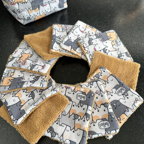 Lingettes lavables lot de 8 motifs chaton en éponge bambou, coton ou polaire - ateliersdisa