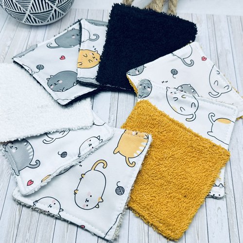 Lingettes lavables lot de 8 tissus satin motifs chaton en éponge bambou, coton ou polaire - ateliersdisa