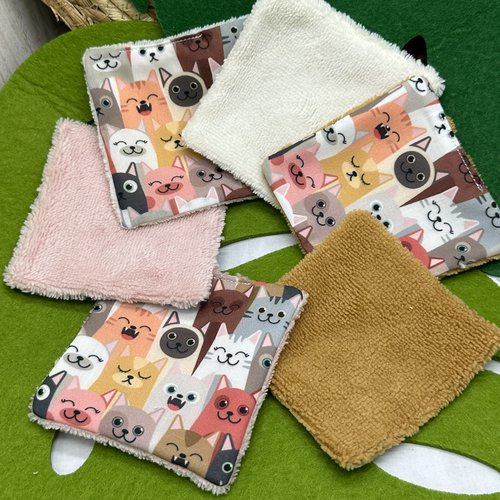 Lingettes lavables et réutilisable lot de 8 motifs chaton ton corail en éponge bambou, coton ou polaire - ateliersdisa