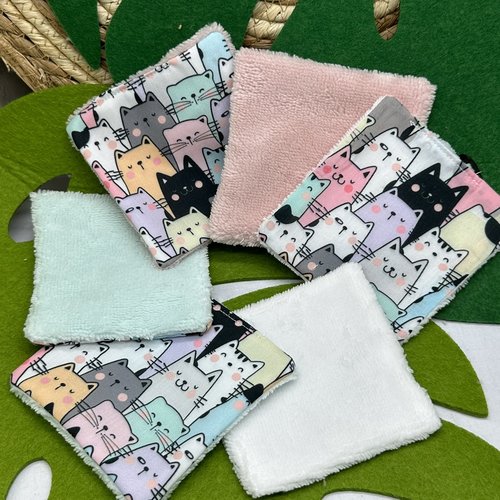 Lingettes lavables soins bébé lot de 8 motifs chaton ton vert eau en éponge bambou, coton ou polaire - ateliersdisa