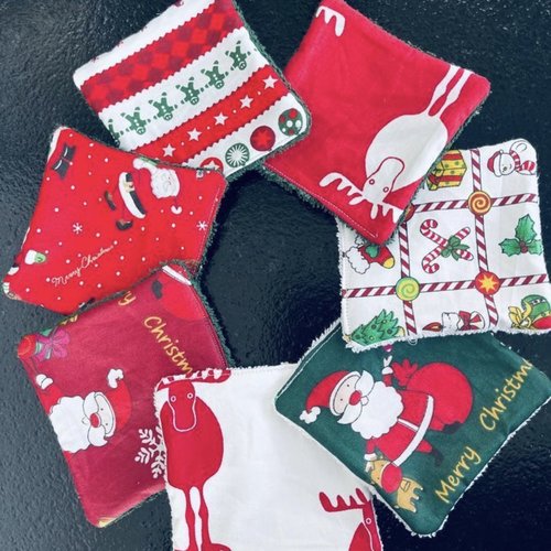 Lingettes lavables motifs noel lot de 8 motifs noël en éponge bambou, coton ou polaire - ateliersdisa