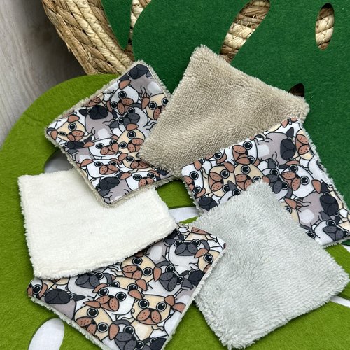 Lingettes bébé lavable lot de 8 motifs chien bouledogue en éponge bambou, coton ou polaire - ateliersdisa
