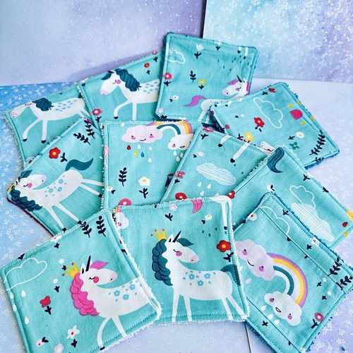 Lingettes bébé lavable lot de 8 motifs licorne turquoise en éponge bambou, coton ou polaire - ateliersdisa