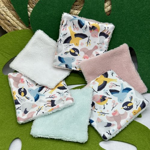 Lingettes bébé lavable lot de 8 motifs oiseaux en éponge bambou, coton ou polaire - ateliersdisa
