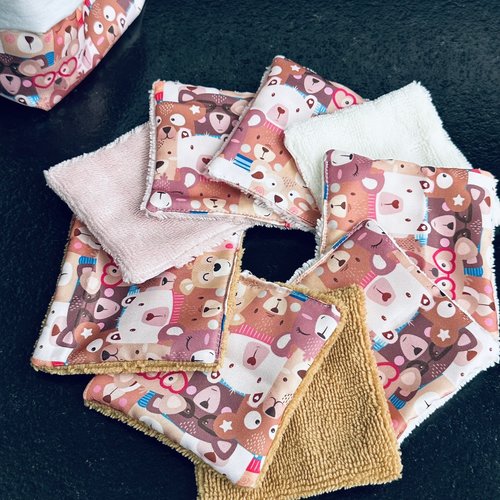 Lingettes bébé lavable lot de 8 motifs ourson en éponge bambou, coton ou polaire - ateliersdisa