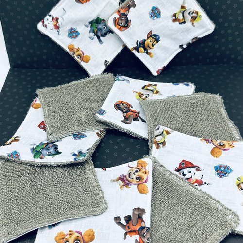Lingettes bébé lavable lot de 8 motifs pat patrouille en éponge bambou, coton ou polaire - ateliersdisa