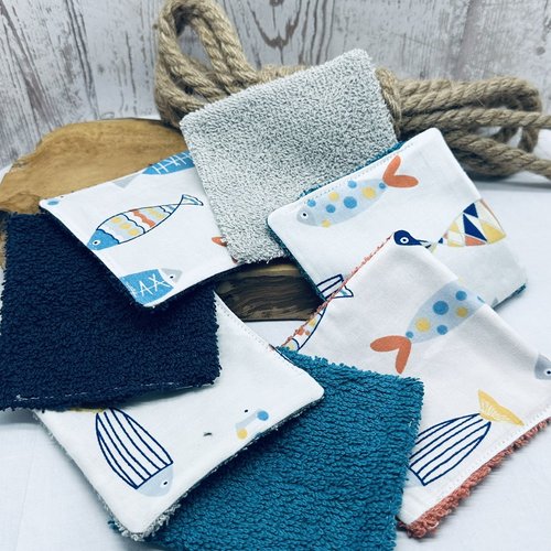 Lingettes bébé lavable lot de 8 motifs poisson en éponge bambou, coton ou polaire - ateliersdisa