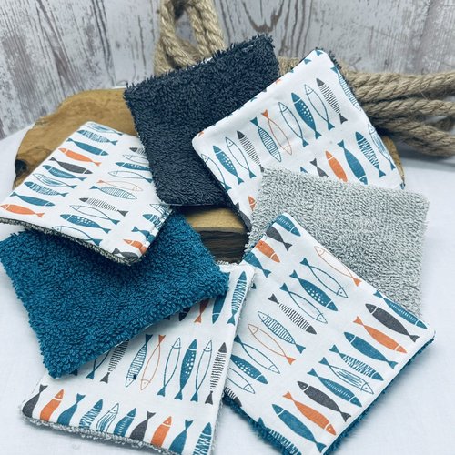 Lingettes bébé lavable lot de 8 motifs poisson en éponge bambou, coton ou polaire - ateliersdisa