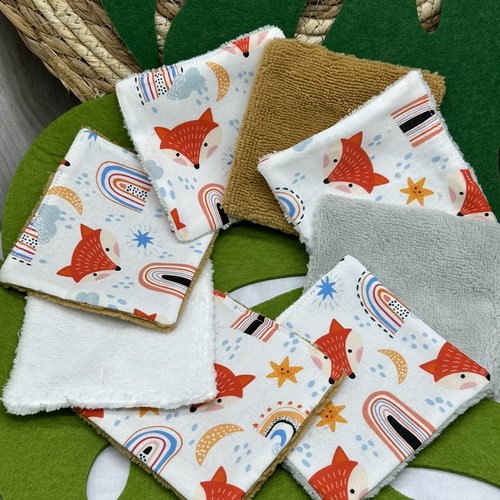 Lingettes bébé lavable lot de 8 motifs renard en éponge bambou, coton ou polaire - ateliersdisa