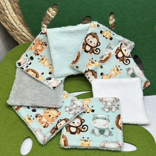 Lingettes bébé lavable lot de 8 motifs savane fond vert eau en éponge bambou, coton ou polaire - ateliersdisa