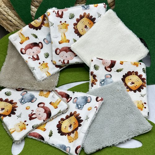 Lingettes lavables bébé, cadeau naissance motif animaux savane en éponge bambou, coton ou polaire - ateliersdisa