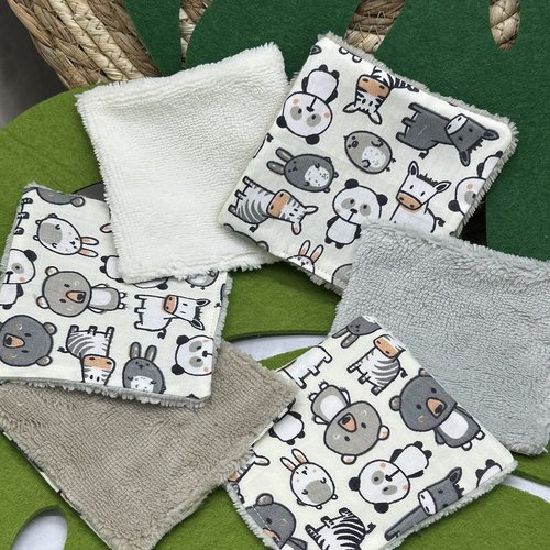 Lingettes bébé lavable lot de 8 motifs animaux en éponge bambou, coton ou polaire - ateliersdisa