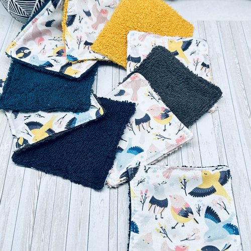 Lingettes lavables zéro déchet motif oiseaux en éponge bambou, coton ou polaire - ateliersdisa