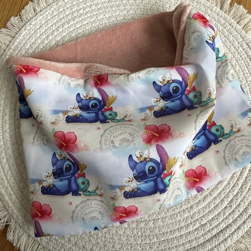 Tour de cou fille stitch et angel stitch rose en polaire - ateliersdisa