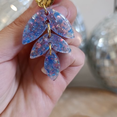 Boucles d'oreilles _ bleu irisé_ feuille