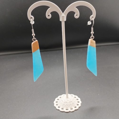 Boucles d'oreilles bois resine bleues pendantes