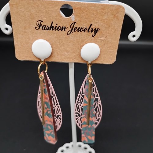 Boucles d'oreilles en bois papier tons rose