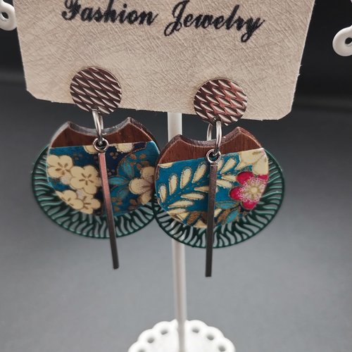 Boucles d'oreilles bois/papier tons verts et bleu