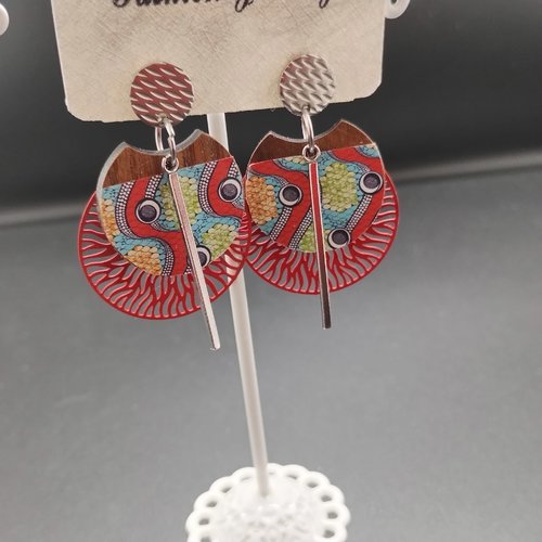 Boucles d'oreilles bois/papier tons verts et rouges